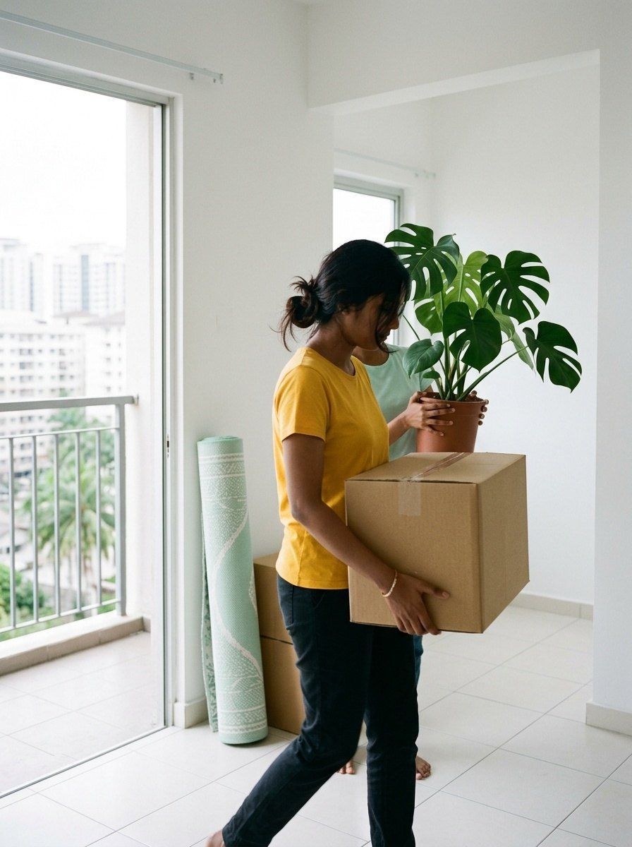 Penyewa muda mengangkat kotak pindah ke dalam apartmen yang cerah, bersama rakan memegang tumbuhan dalam pasu
